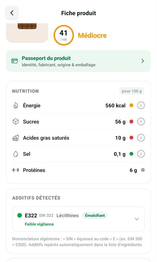 Fiche produit ScanDZ avec un score faible, détail des additifs et alertes